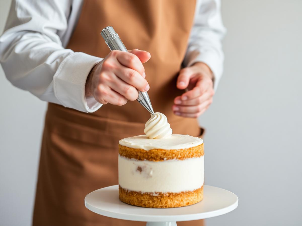 ケーキにクリームを絞るパティシエの手元